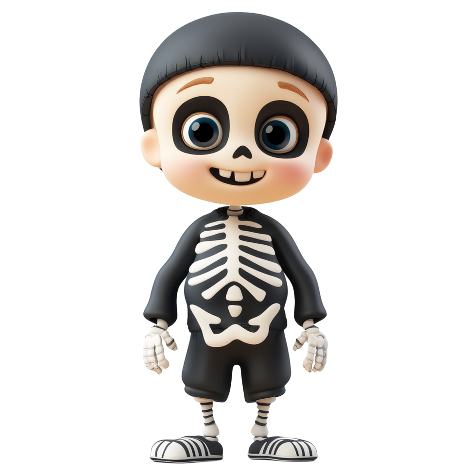 A cartoon boy in a skeleton costume stands alone against a bright transparent background, 3D cartoon boy disguised as skeleton, isolated on transparent background png