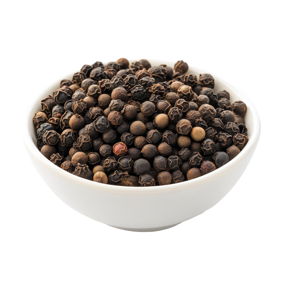 A transparent bowl filled with assorted peppercorns placed on a transparent background for culinary use or spice display, peppercorn in transparent bowl on transparent background png