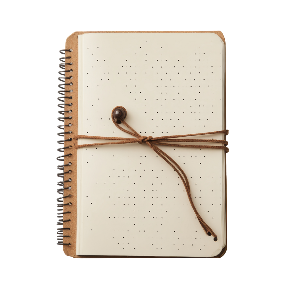 A looped spine notebook with a unique dot pattern and a leather tie, perfect for creative writing and notetaking, The notebook has a dot point with a looped spine on transparent backgroundfile png