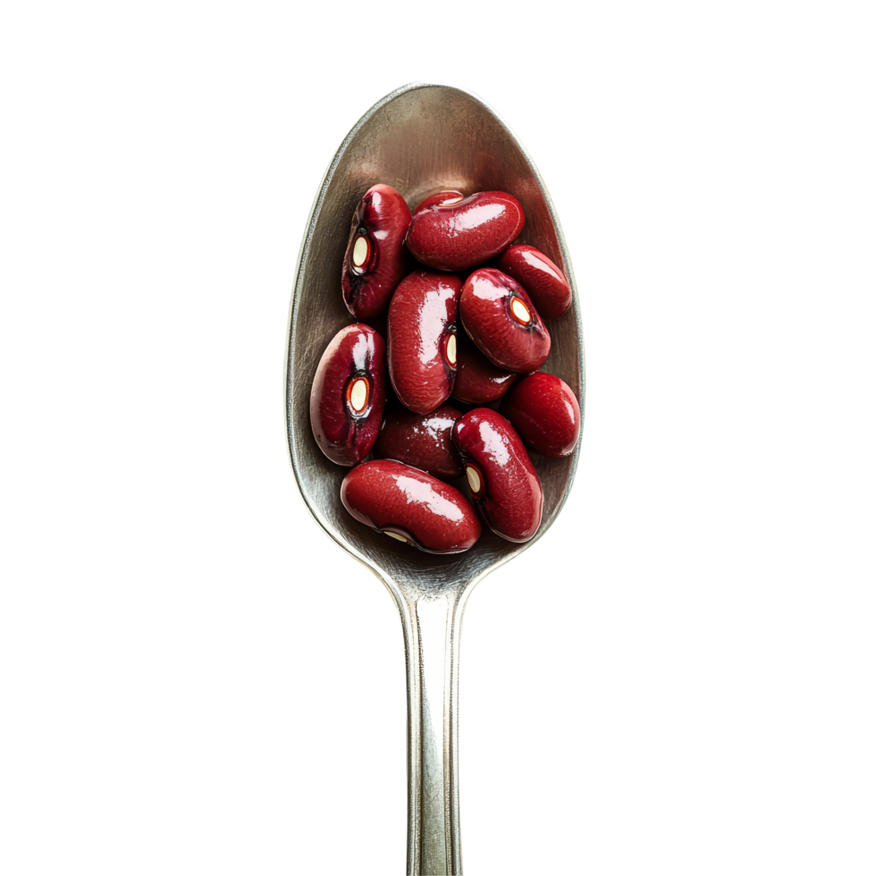 The spoon holds multiple red beans, showcasing their glossy sheen and rich color, red beans in the spoon on transparent background png
