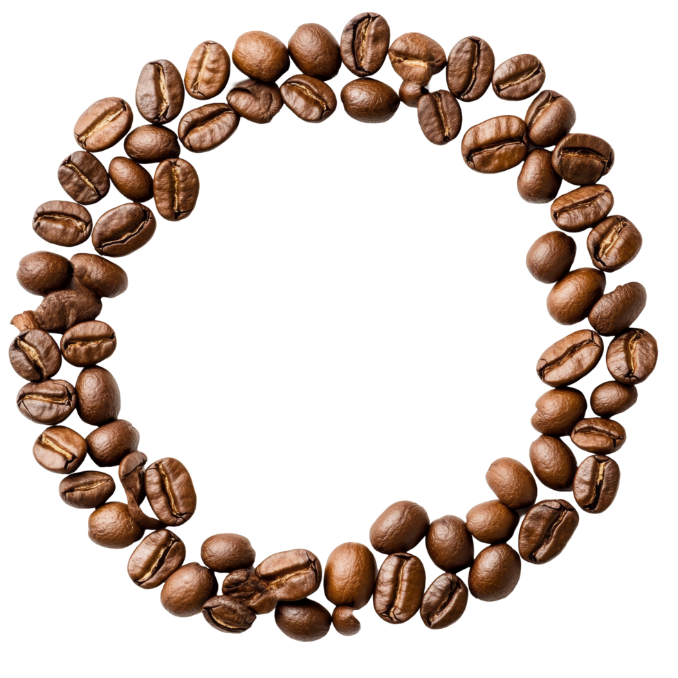 A circular arrangement of coffee beans creates a unique frame against a clean transparent background, perfect for marketing or creative projects, Coffee beans with round copyspace against transparent png
