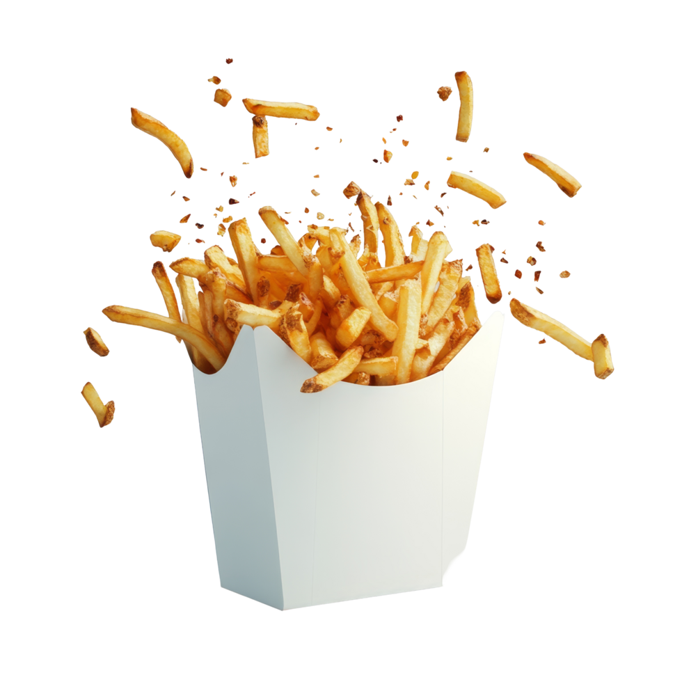 French fries overflowing from a transparent paper box against a minimalistic background, French fries bursting out from transparent paper box png
