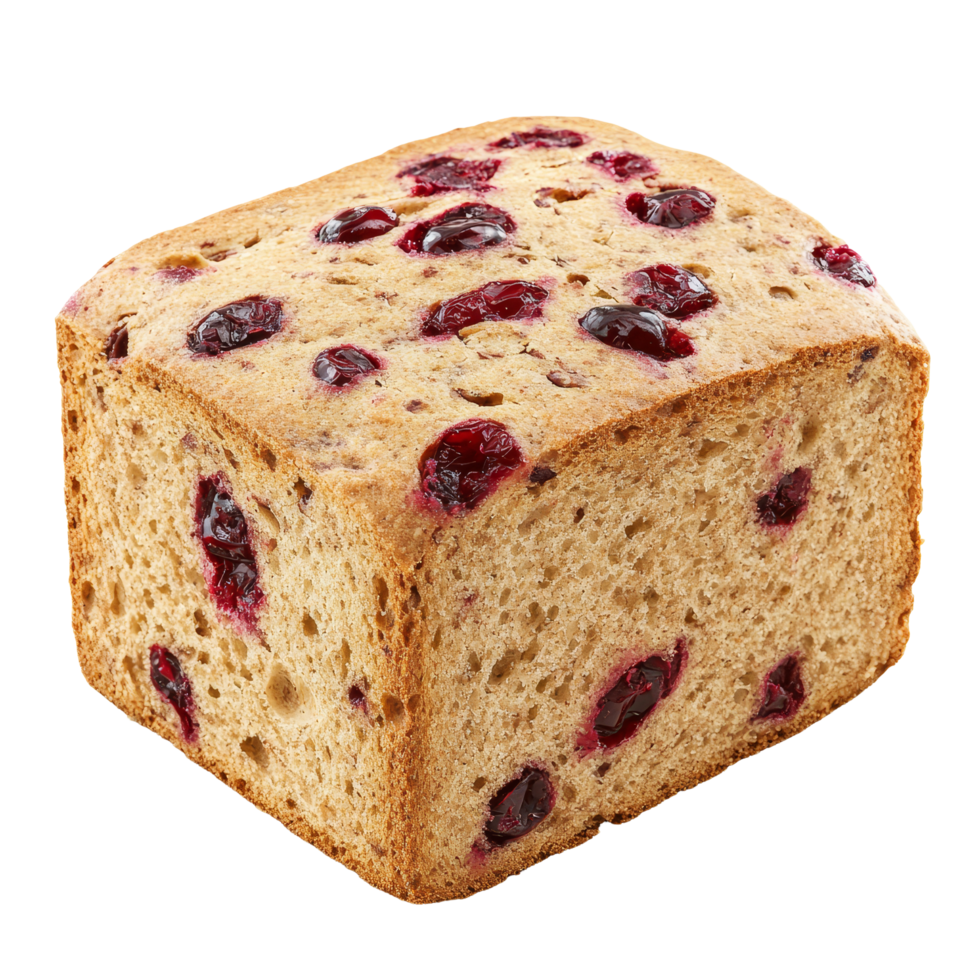 Wholemeal cranberry bread loaf on a transparent background perfect for healthy snacking or breakfast any time of the day, Wholemeal cranberry bread isolated png