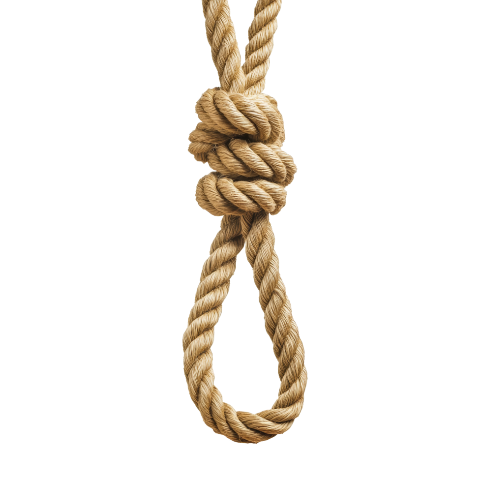 Knotted hanging rope isolated on a transparent background, showcasing intricate weaving and natural textures, Knotted Hanging Rope Isolated on transparent background Suicide concept png