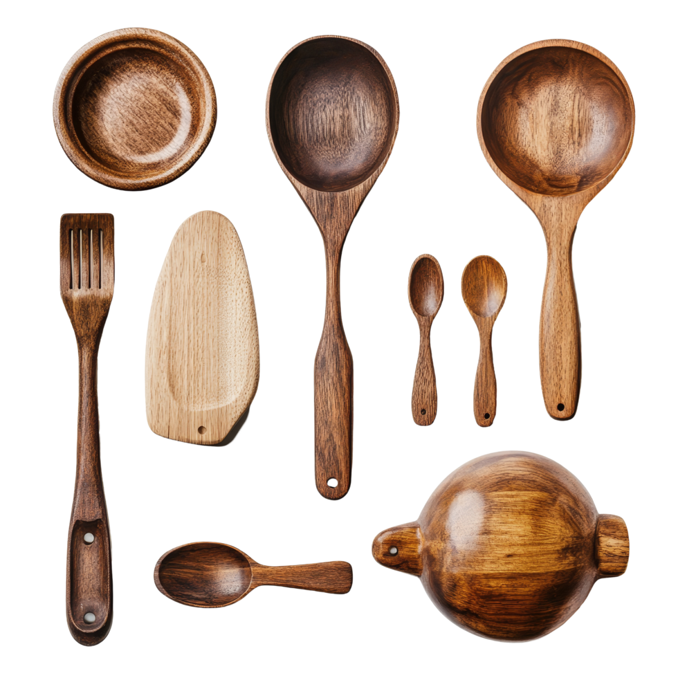 Collage of isolated wooden cookware tools showcasing various utensils ideal for cooking and serving, Isolated wooden cookware tools collage png