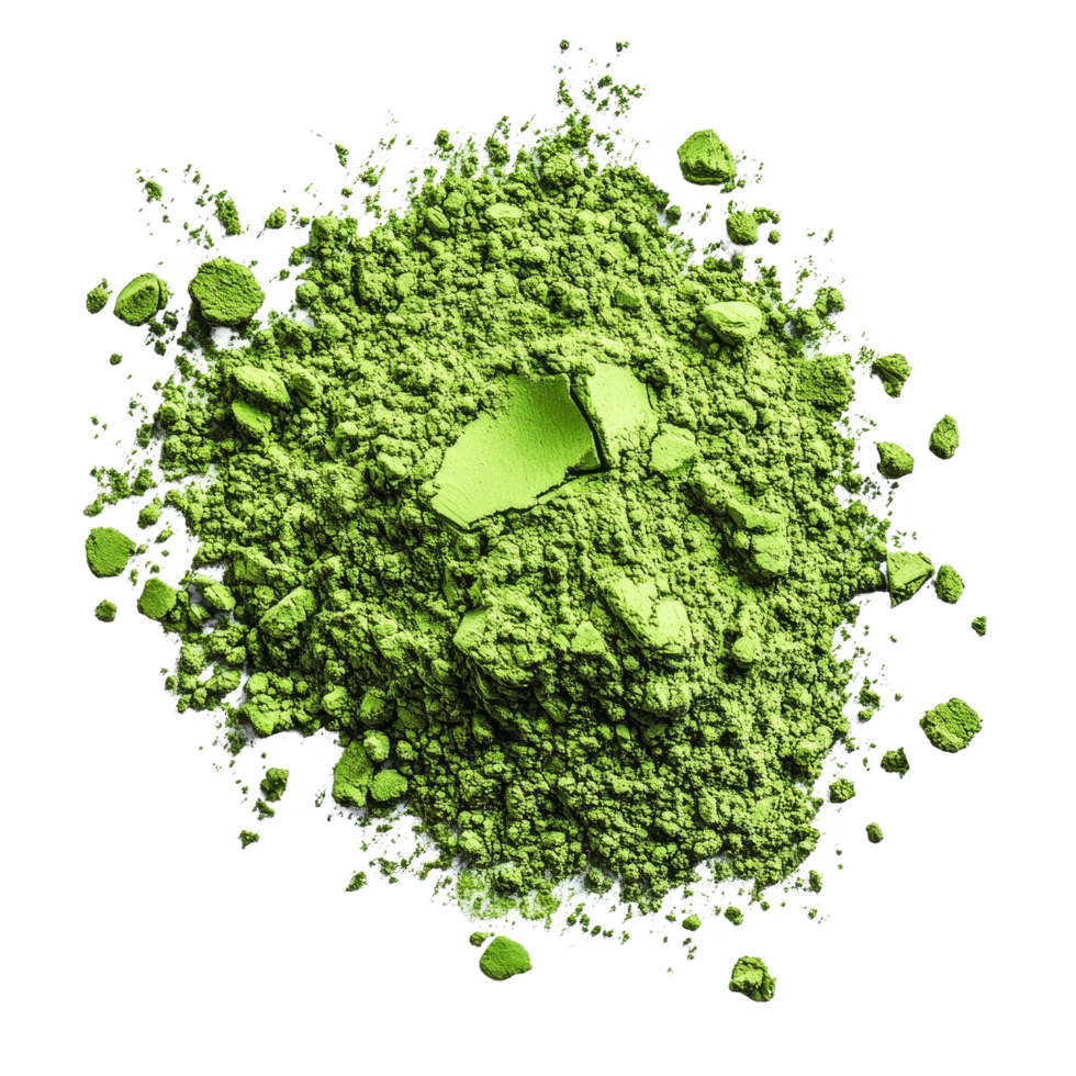 Matcha green tea powder spread on a clean transparent background for culinary and health uses, matcha green tea powder on transparent background png