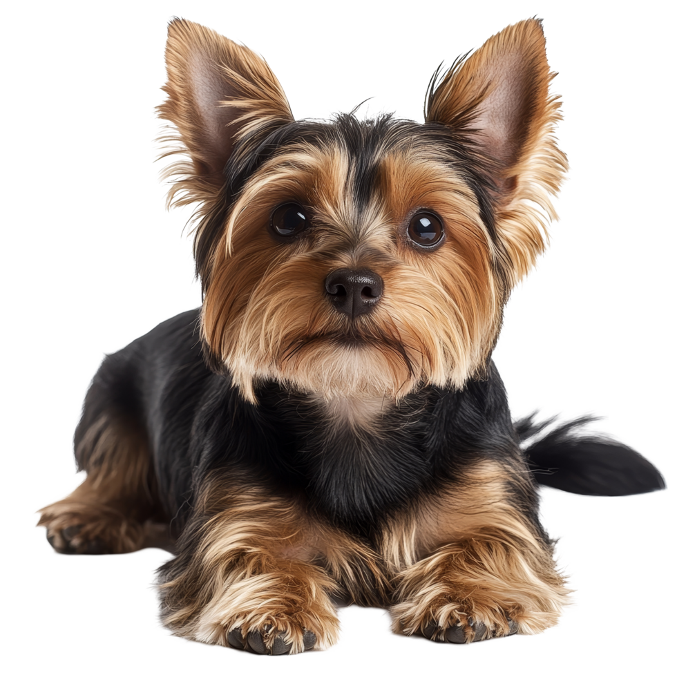 Yorkie lounging on a bright transparent background, showing off its playful nature and vibrant fur, Beautiful Yorkie on transparent background png
