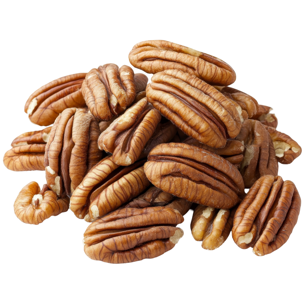 A pile of pecans on a clean transparent background showcasing their rich texture and natural color variations, Pecans isolated on transparent background png