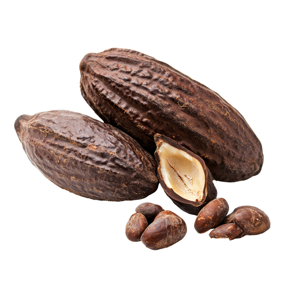 Cocoa pods and beans displayed on a transparent background, showcasing the rich texture and natural beauty of this important agricultural product, Cocoa isolated on transparent background png