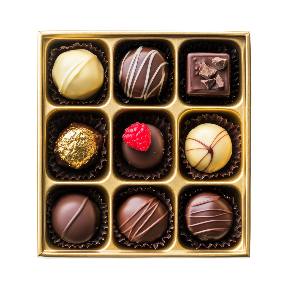 Delicious assortment of handmade chocolates in gold box on a bright transparent background, Delicious chocolate box gift on transparent background png