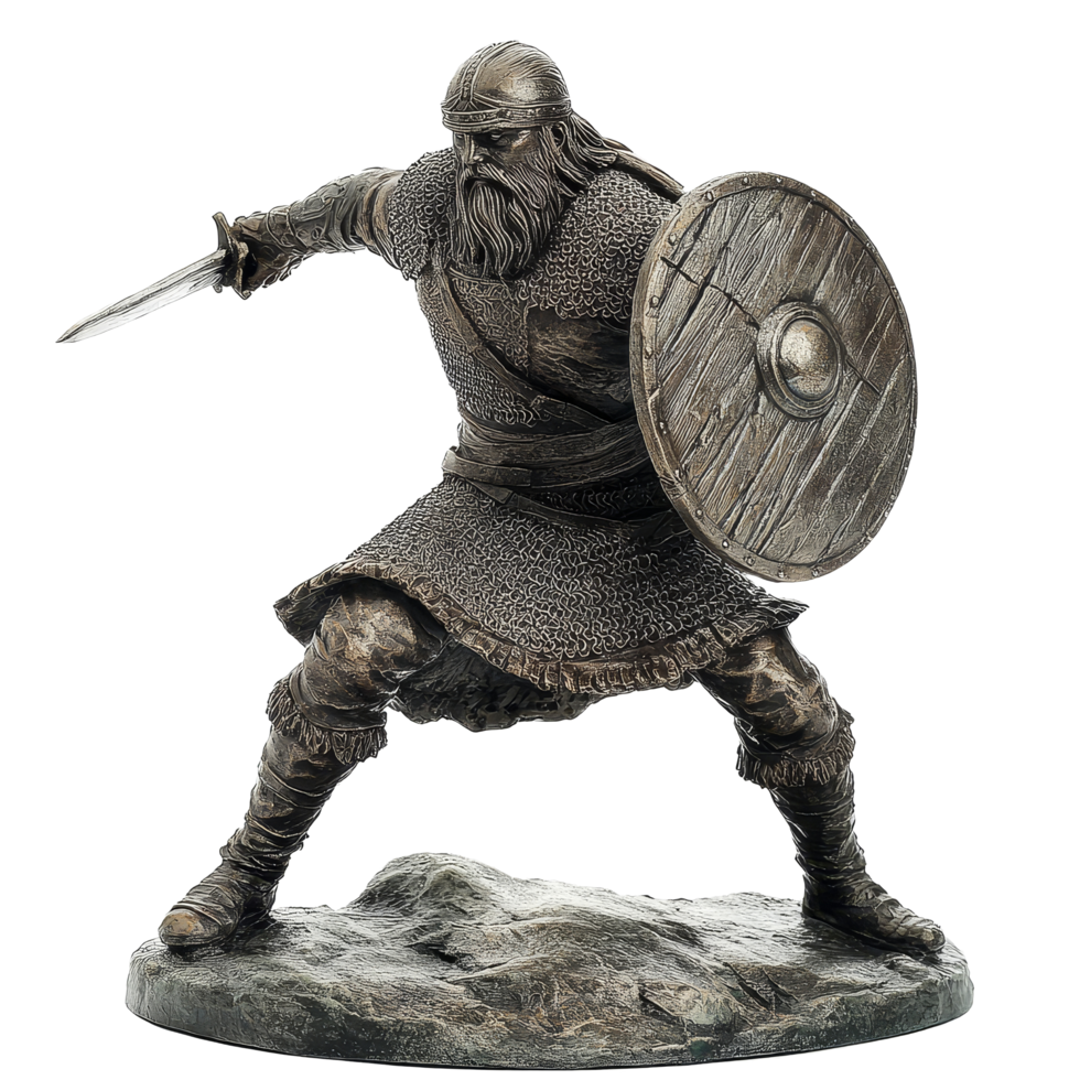 Viking warrior statue in battle stance with shield and sword on a transparent background, Viking Warrior Statue in Battle Stance on transparent background png