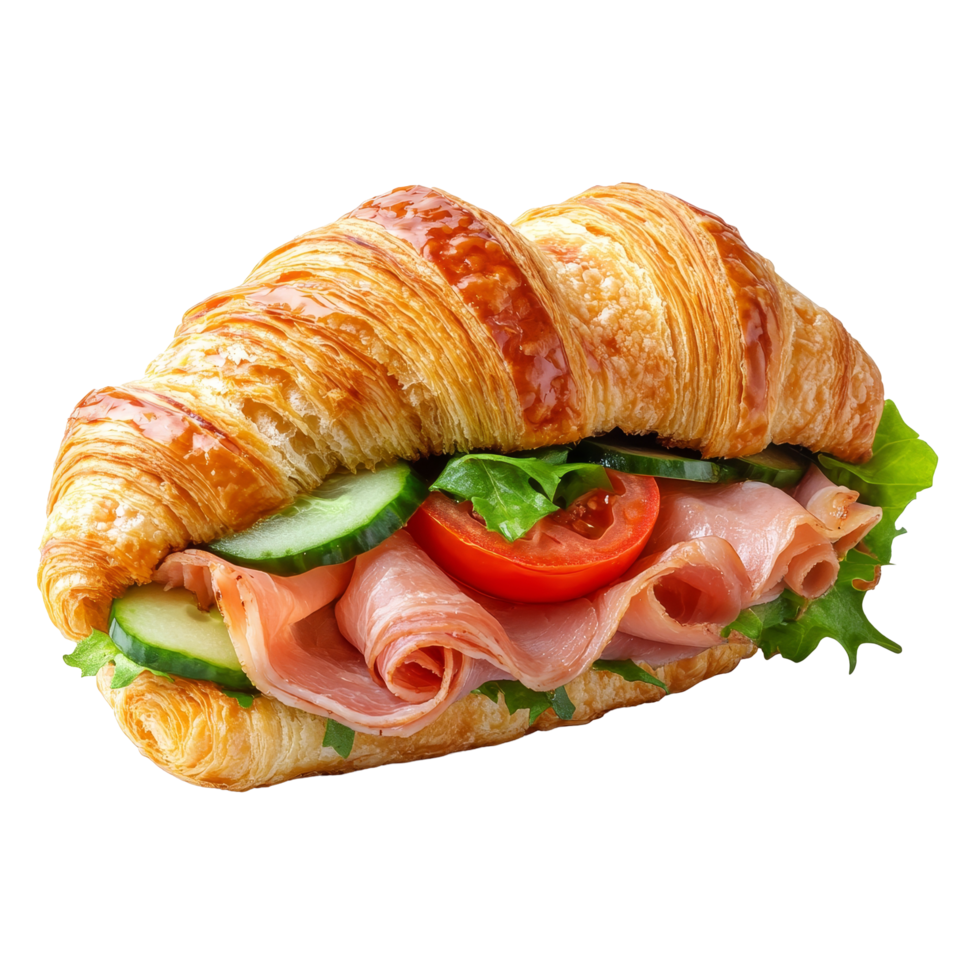 Delicious ham croissant sandwich loaded with fresh tomato and cucumber served on a transparent background, ham croissant sandwich with tomato and cucumber png