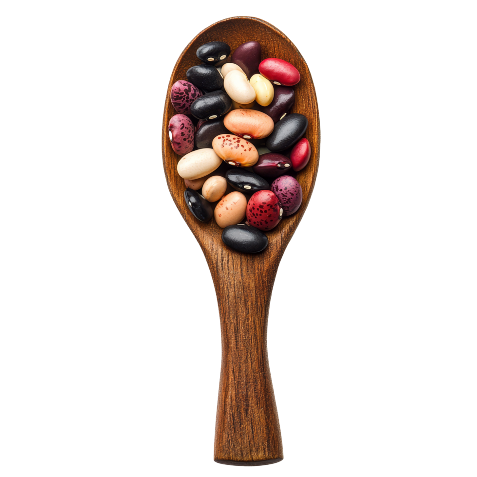 Colorful beans arranged in a wooden spoon on a clean transparent background for culinary presentation, beans in wood spoon isolated on transparent background png