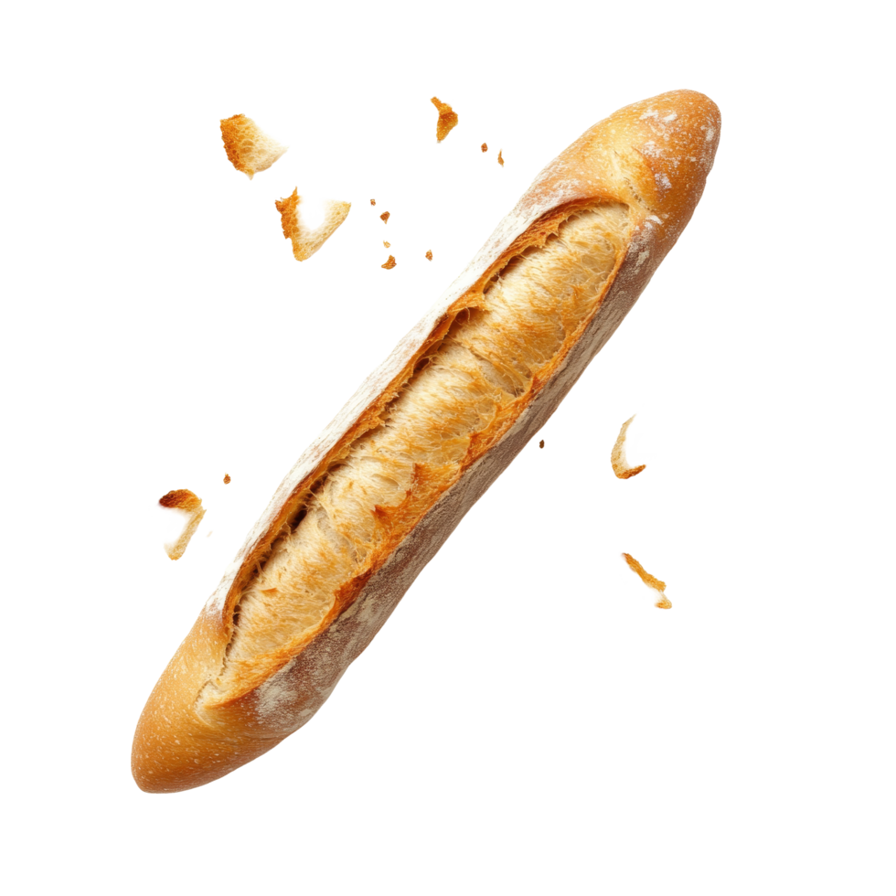 This freshly baked baguette features a golden, crispy crust and a soft, airy interior, Freshly Baked Baguette with Falling Crumbs Isolated on transparent background png