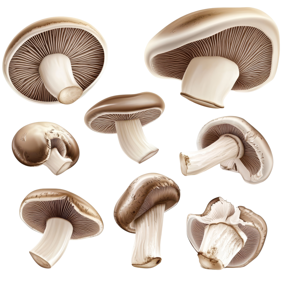 Different cuts and views of sliced mushrooms displayed on a transparent background, Set Sliced Mushrooms, Different Cuts and Views, Isolated on transparent background png