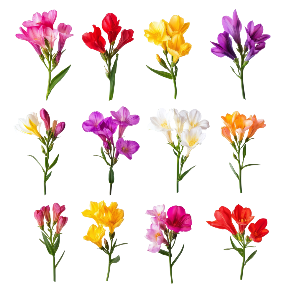 A beautiful collection of assorted freesia flowers in vibrant colors arranged on a transparent background, freesia flowers isolated on transparent background png