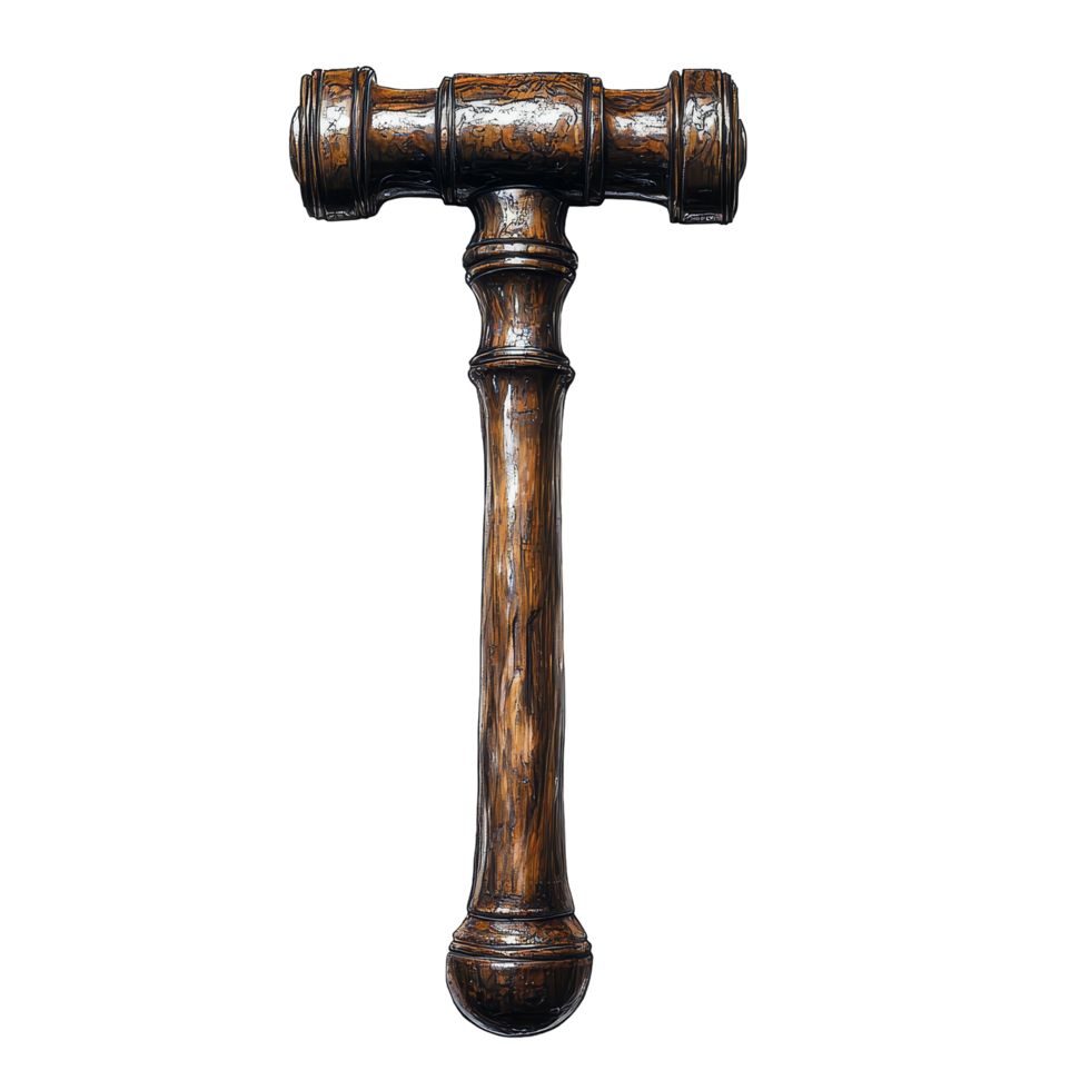 Symbolic hammer of justice as a representation of fairness and authority on a transparent background, Symbolic Hammer of Justice Conceptual Art on a transparent background png