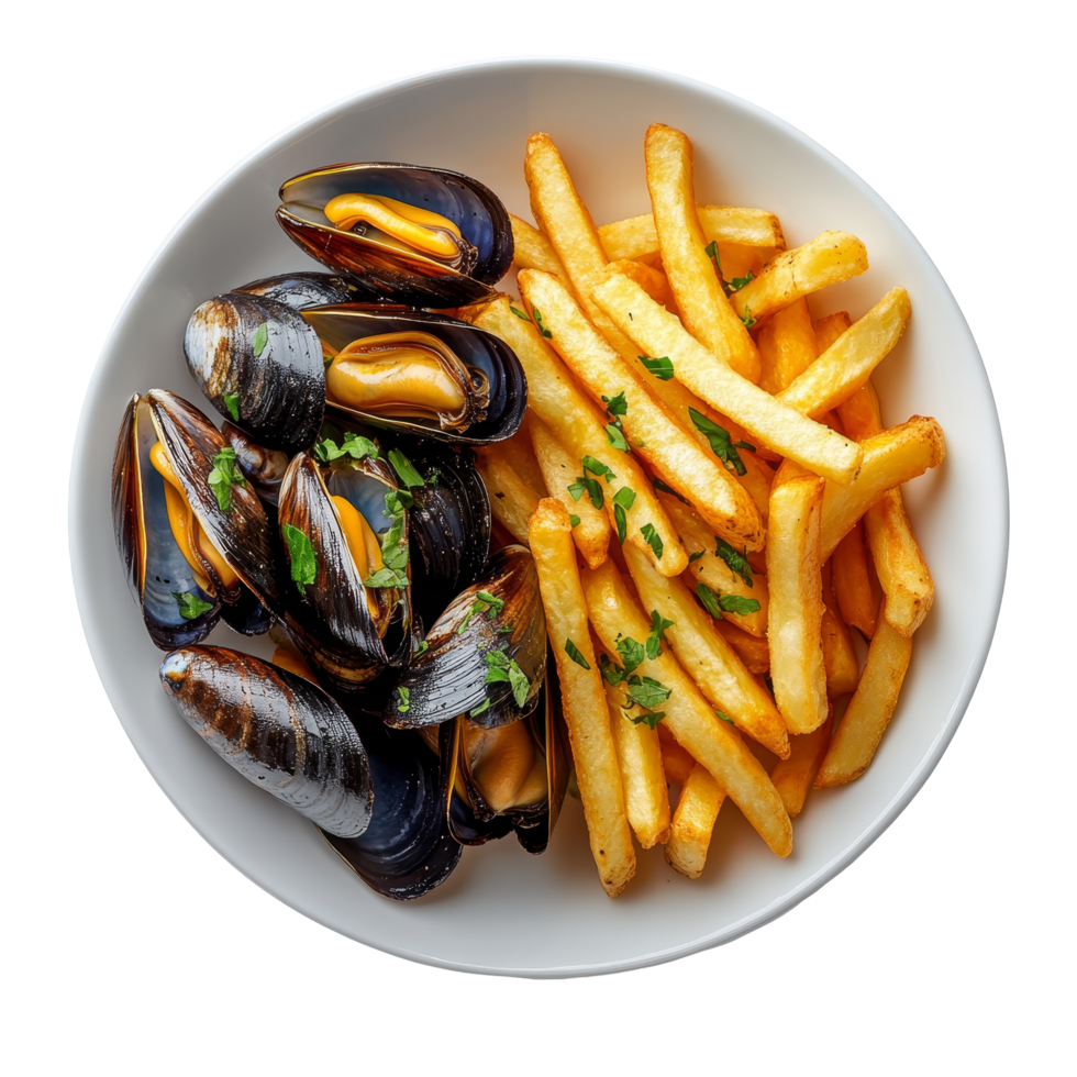 Aerial view of a plate featuring mussels and crispy fries with herbs on a transparent background, Aerial view of mussels and fries plate on transparent background png