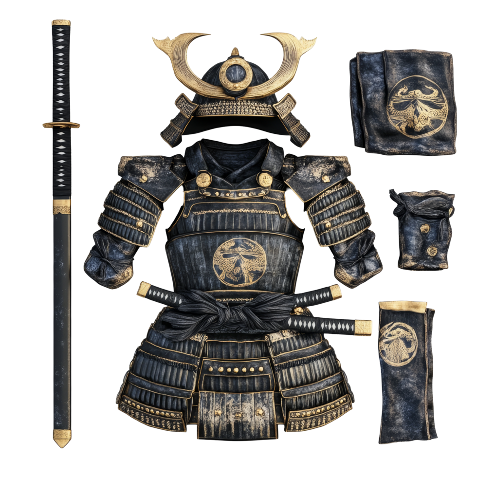 Detailed samurai armor set with helmet and katana displayed on a transparent background for cultural appreciation, Samurai Armor Set with Helmet and Katana, transparent background png