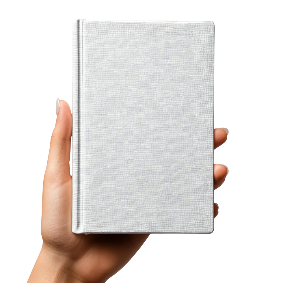 A person holding a hardcover book mockup in their hand against a plain background, Book cover mockup in hand. Holding hardcover mock up isolated on transparent background png