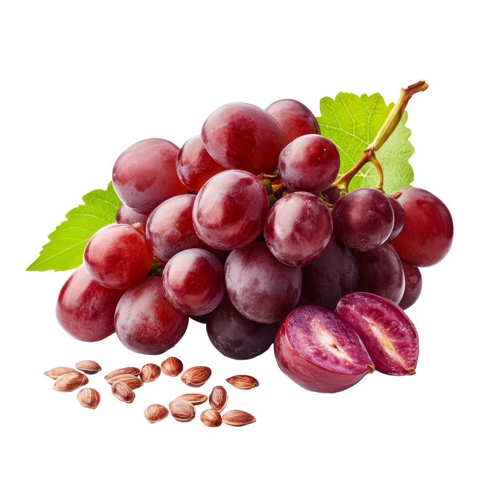 Fresh red grapes with seeds and green leaves isolated on a clean transparent background, Red grape with seeds isolated on transparent background png