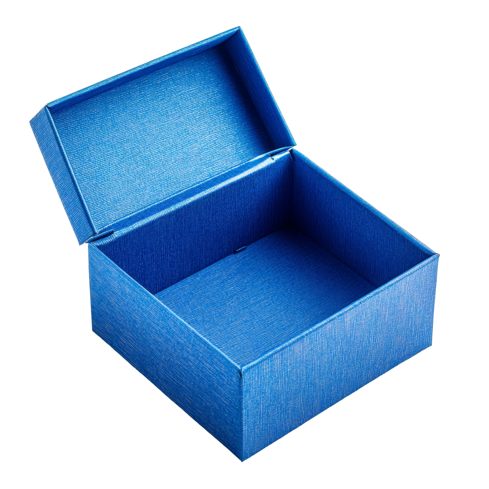 A bright blue open gift box isolated on a transparent background ready for presenting surprises, Blue open gift box isolated png