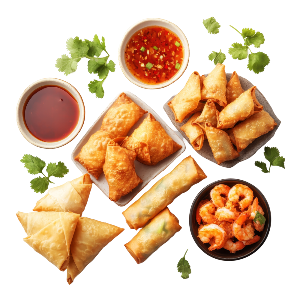 Delicious Asian appetizers including spring rolls, samosas, and shrimp served on a transparent table, Asian Appetizers with Spring Rolls, Samosas, and Shrimp Fritters on transparent background png