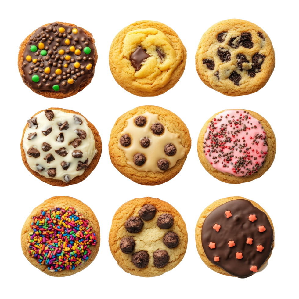 Assorted cookies with various toppings arranged in a neat grid on a transparent background for a delightful dessert spread, cookies with various toping top view isolated on transparent background png