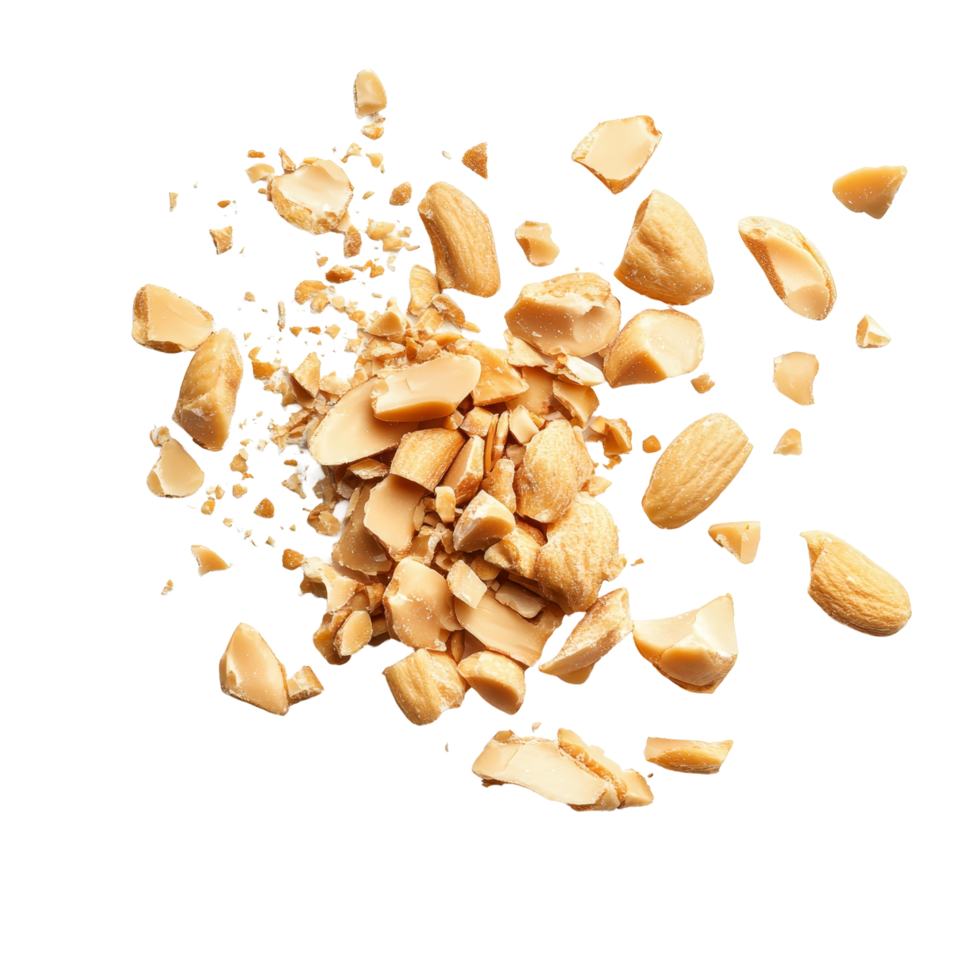 Crushed peanuts scattered on a transparent background showcasing their texture and natural color variation, Peanut crushed into pieces over transparent background png