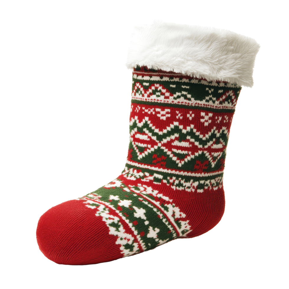 Festive Christmas sock decorated with a winter pattern on a transparent background, perfect for holiday decorations or giftgiving, Christmas sock on transparent background png