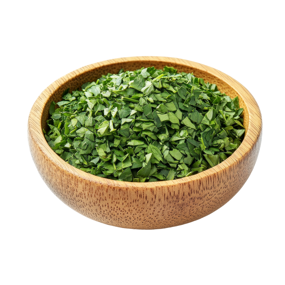 Dried parsley in a wooden bowl isolated on a transparent background for culinary use and presentation, dried parsley in wood bowl isolated on transparent background png