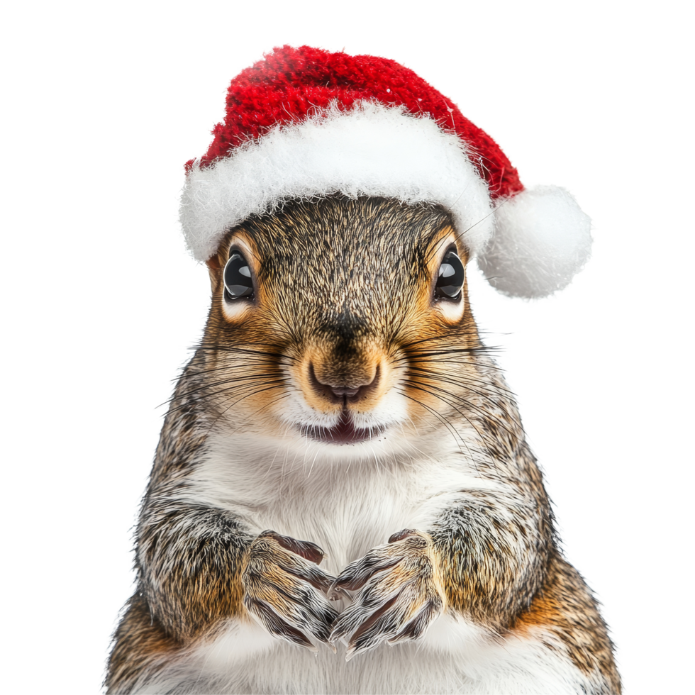 A cheerful squirrel wearing a festive Christmas hat on a transparent background spreads holiday joy and warmth, Squirrel wearing a christmas hat on transparent background png