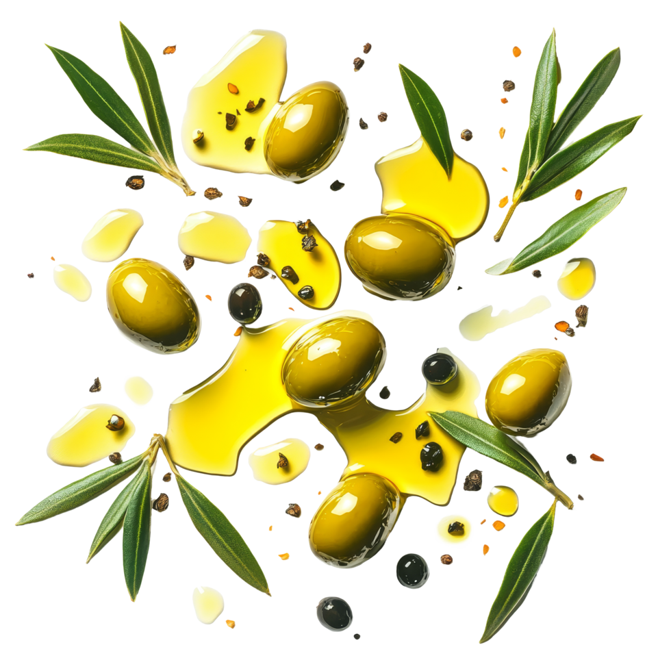 Fresh green olives drizzled with olive oil surrounded by leaves and spices on a clean transparent background, green olives and oil on transparent background png