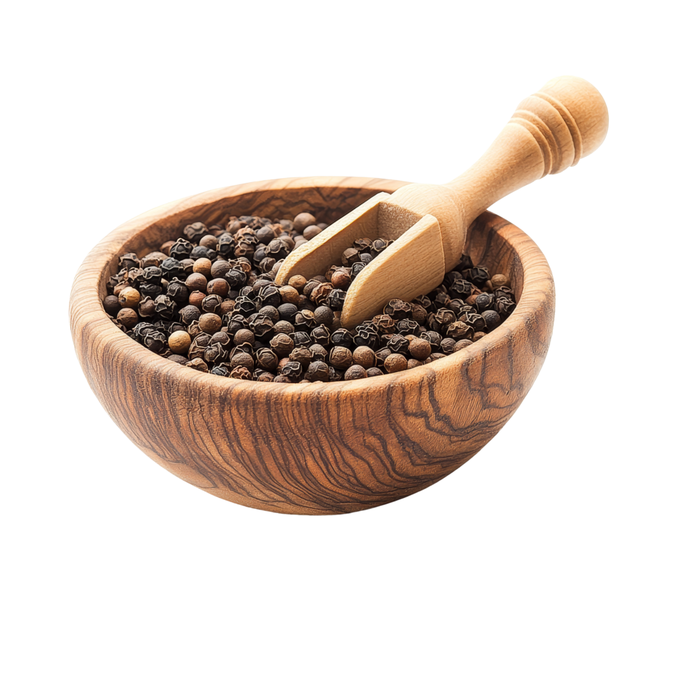 Wooden bowl filled with assorted peppercorns and a scoop on a transparent background, peppercorn in wood bowl with scoop on transparent background png