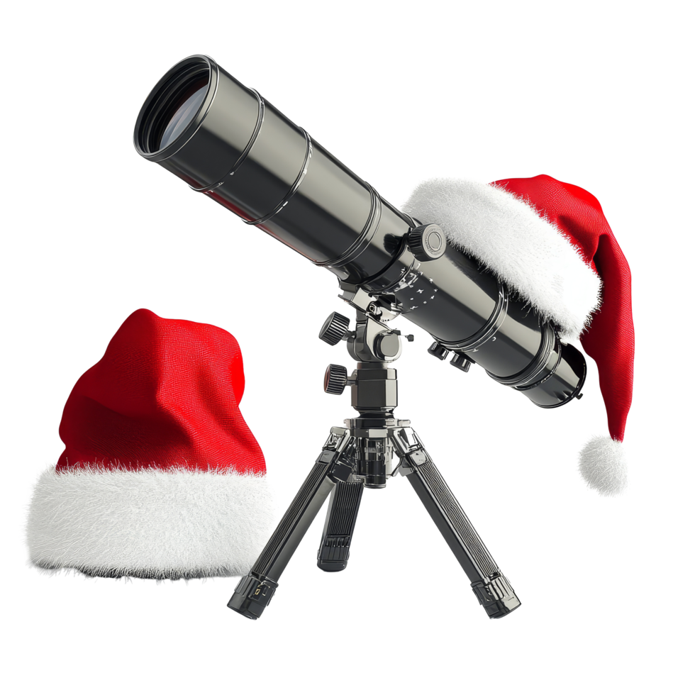 Festive telescopes adorned with Santa hats on a bright transparent background celebrating the holiday season, Telescopes with Santa Hats on transparent background Christmas Gift png