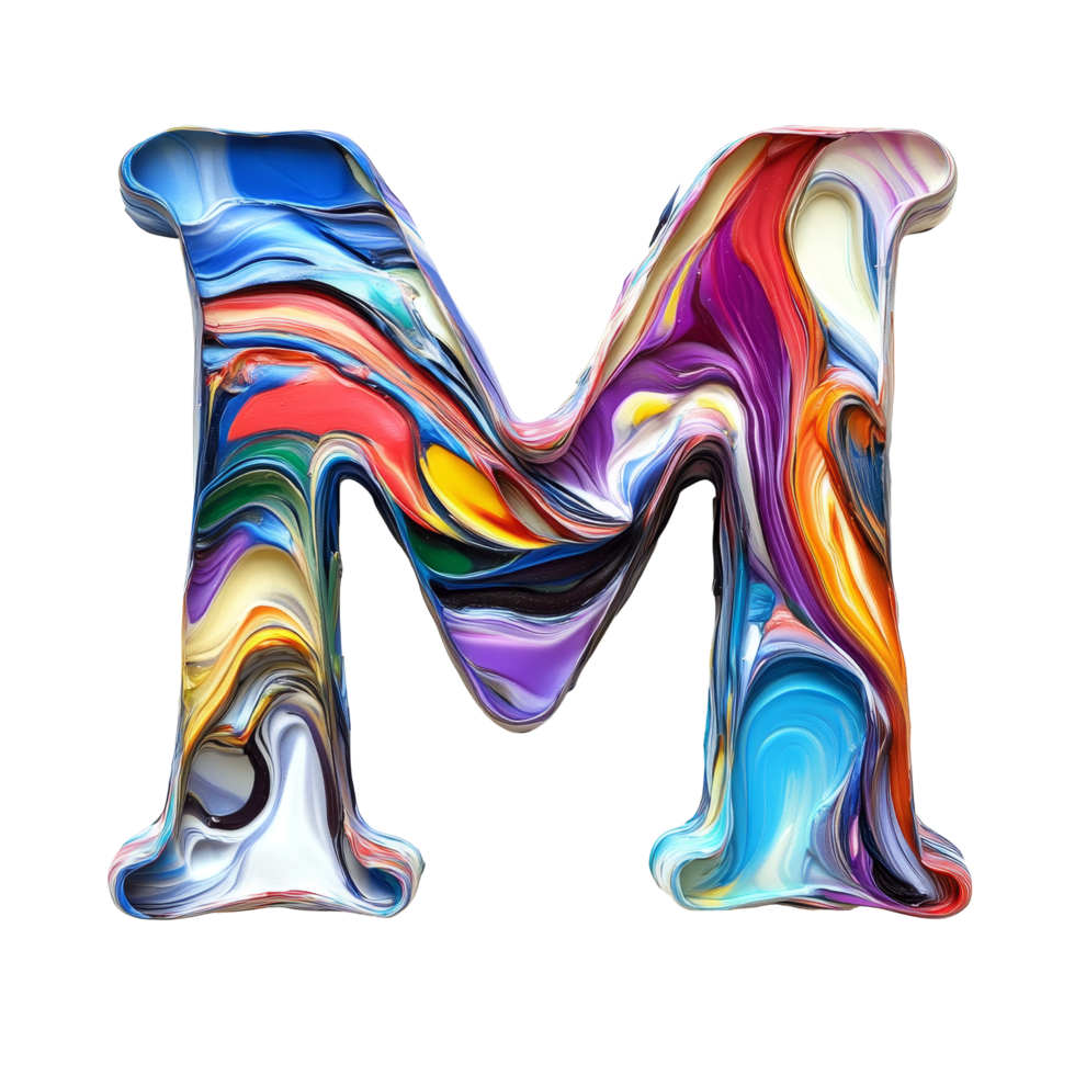 Colorful abstract letter M crafted from vibrant showcasing creativity and design on a transparent backdrop, consonant letter m is used to make words on transparent backgroundfile png