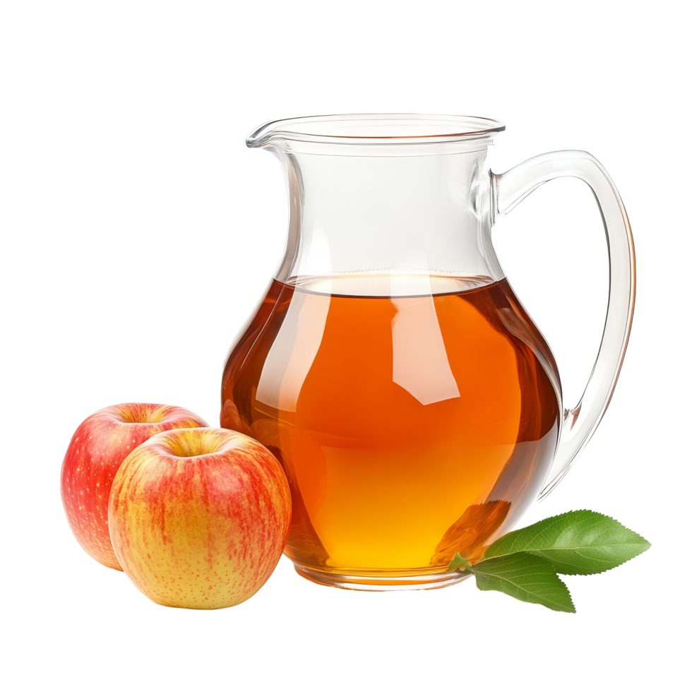 Refreshing apple juice in a clear pitcher with apples on a transparent background, Apple juice in a pitcher isolated png