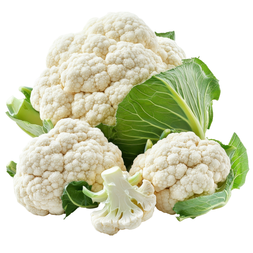 Fresh cauliflower heads with green leaves isolated on a transparent background, showcasing the vegetables natural texture and color, Cauliflower vegetables isolated on a transparent background png