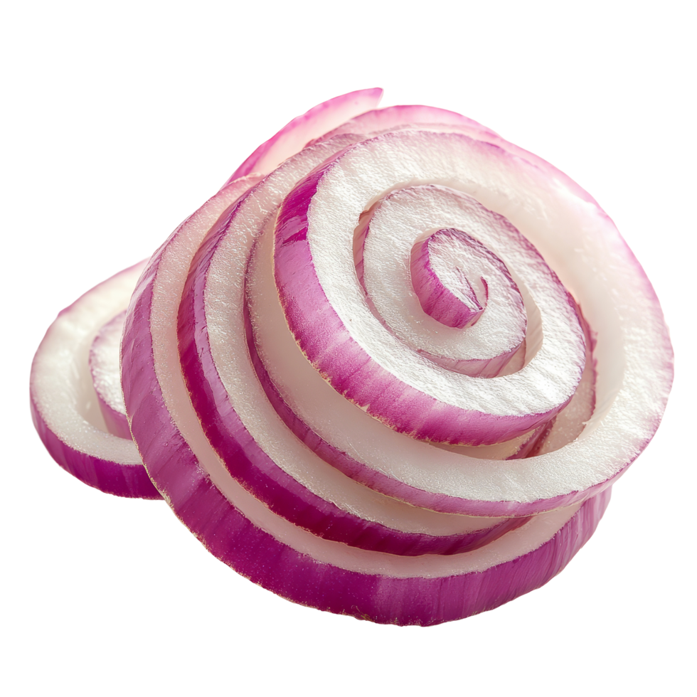 Freshly sliced red onion on a transparent background, showcasing its vibrant color and circular layers for culinary use, sliced onion on transparent background png