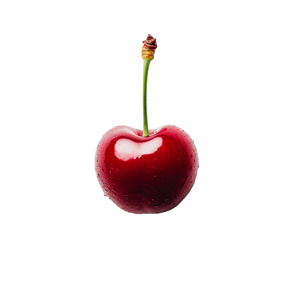 A closeup of a ripe red cherry on a transparent background showcasing its natural shine and freshness, Ripe red cherry close up on transparent background png