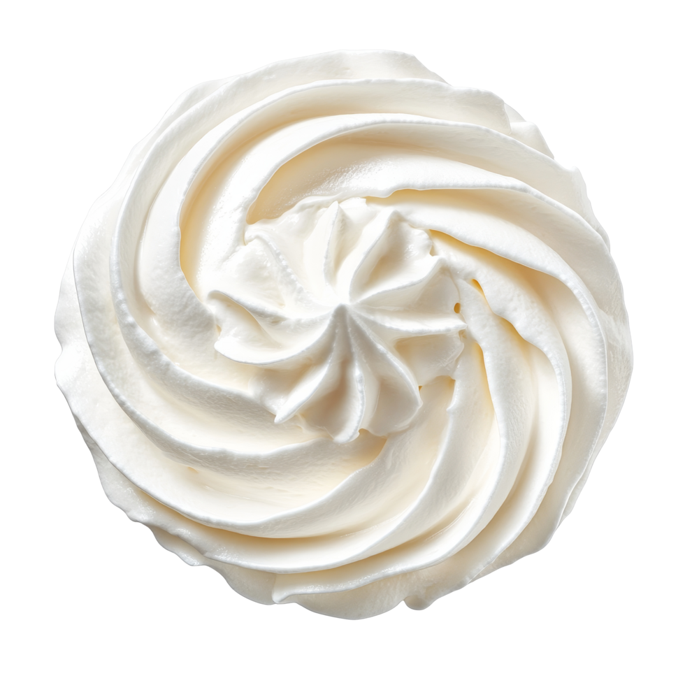 Fluffy whipped cream swirl perfect for desserts, cakes, and beverages on a clean transparent background, Fluffy Whipped Cream Swirl isolated on transparent background png