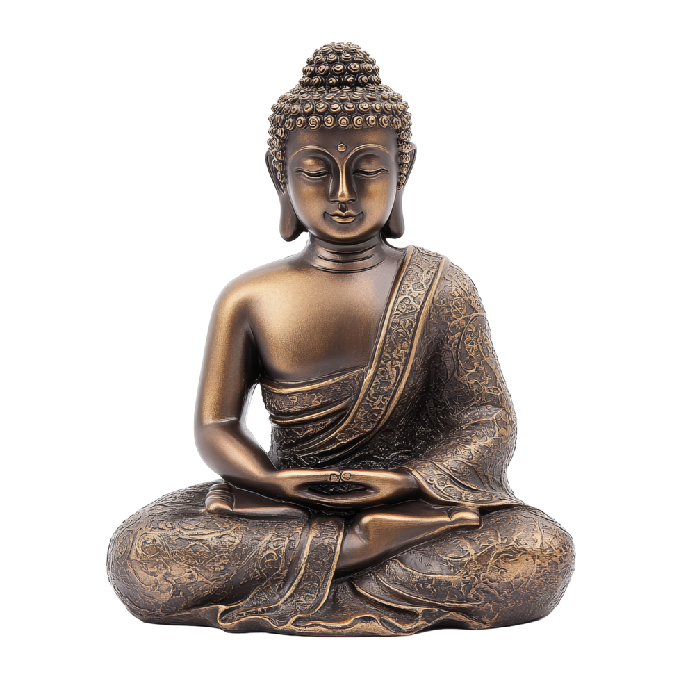 A serene buddha statue representing peace and wisdom, beautifully crafted in bronze on a light backdrop, buddha statue sign for peace and wisdom isolated on transparent background png