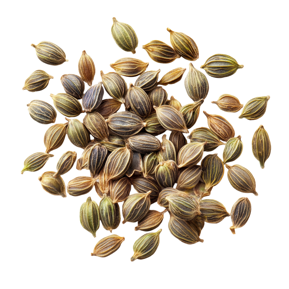 Dill seeds spread out on a clean transparent background highlighting their unique shapes and colors, dill seeds isolated on transparent background png