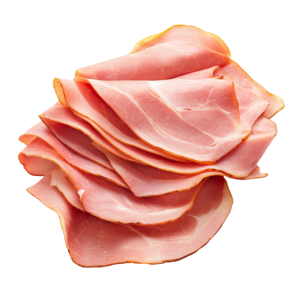 Sliced ham arranged neatly on a transparent background for culinary use in various dishes and meal preparation ideas, Sliced ham isolated on transparent background png