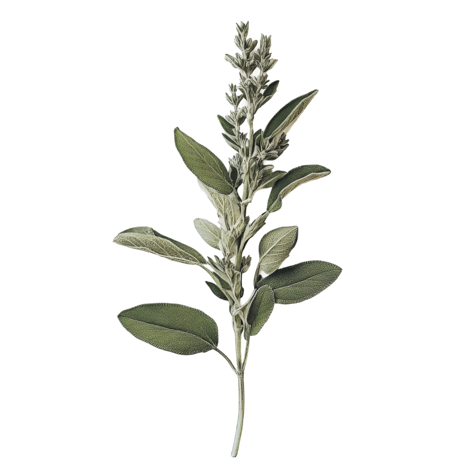 Fresh sage plant with green leaves and blossoms displayed on a clean transparent background for culinary use, Sage plant on transparent background png