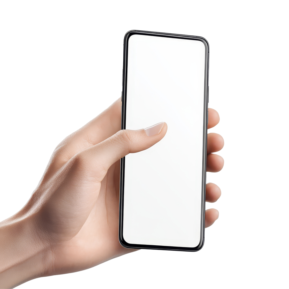 A hand tapping a mobile phone screen mockup in a clean setting during daytime for creative, Mobile phone screen mockup, finger touching, tapping on smartphone isolated on transparent background png