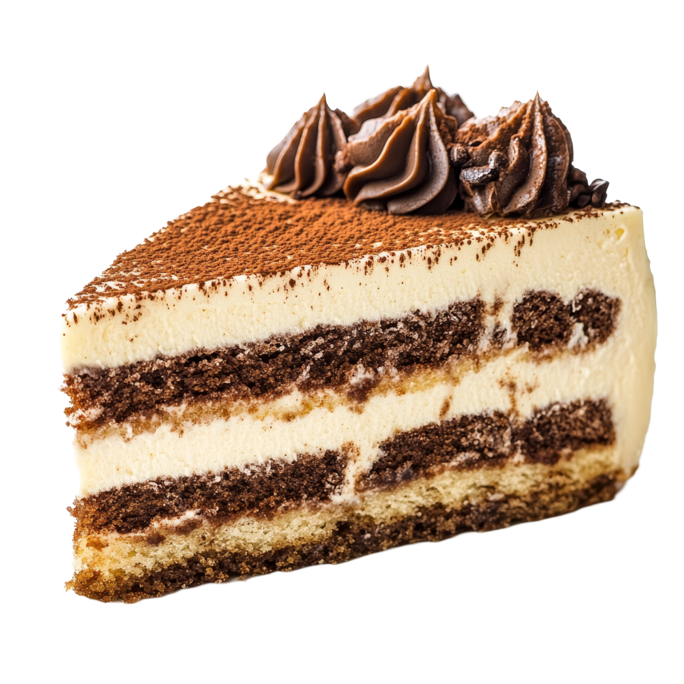 A delicious slice of tiramisu cake with coffee layers and chocolate topping on a transparent plate, Isolated slice of tiramisu cake on transparent png