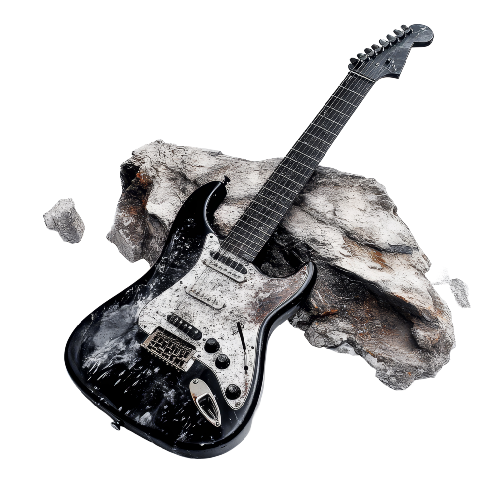 A heavy rock with a black electric guitar laid on a transparent surface showcases artistic interpretation of music, heavy rock on transparent background, png