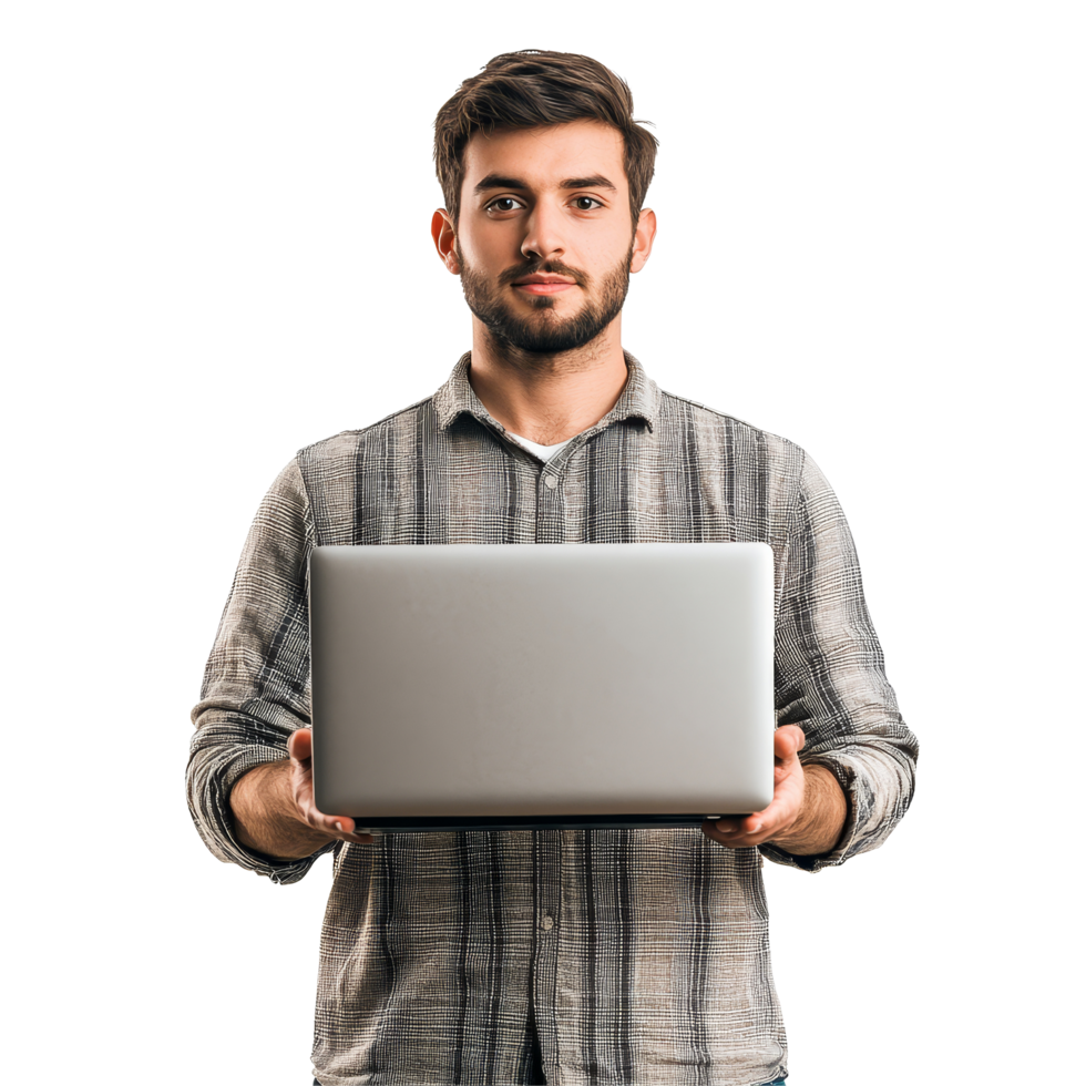 A man holds a laptop against a transparent background while standing confidently, ready for a presentation or discussion, Man holding the laptop on transparent backgroundfile png