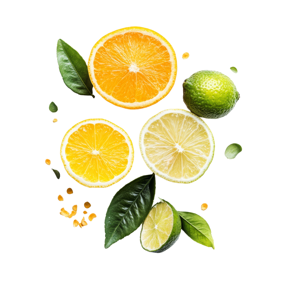 Bright citrus fruits including orange, lemon, lime, and bergamot isolated on a clean transparent background for fresh appeal, orange lemon lime bergamot isolated on transparent background png